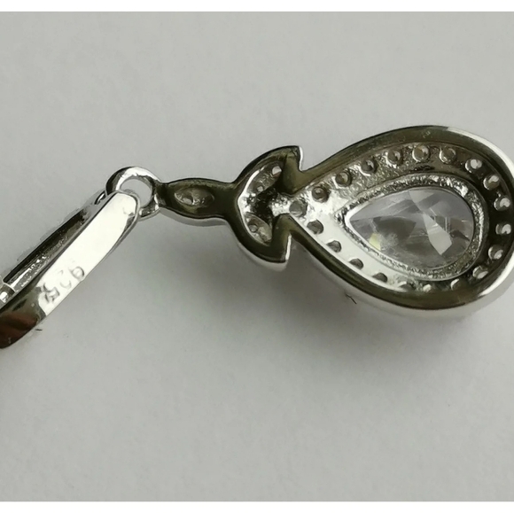 Sterling Silver Teardrop CZ Halo Pendant Necklace - Picture 4 of 6